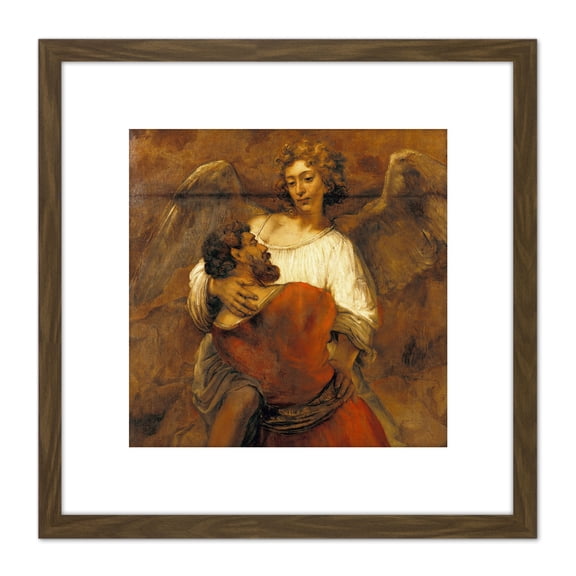 Rembrandt Jacob Wrestling With The Angel 8X8 Inch Square Wooden Framed Wall Art Print Picture with Mount