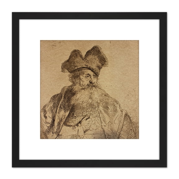 Rembrandt Old Man Divided Fur Cap Sketch Drawing 8X8 Inch Square Wooden Framed Wall Art Print Picture with Mount