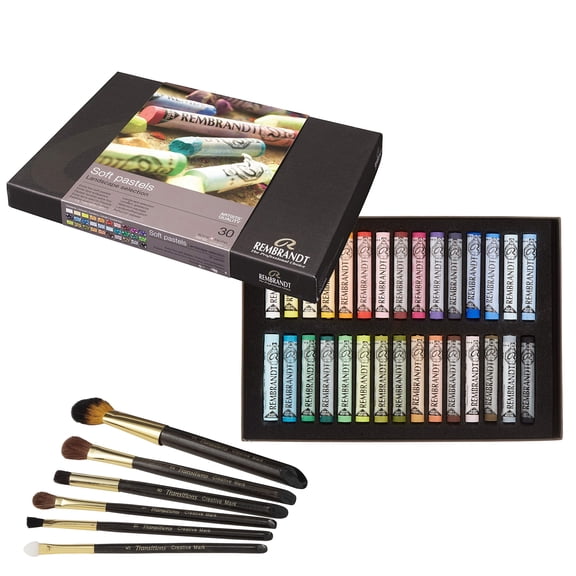 Rembrandt Royal Talens Soft Pastels Art Set 30 Full Sticks with 6 pc Petite Transitions Blending Brushes - Landscape Colors