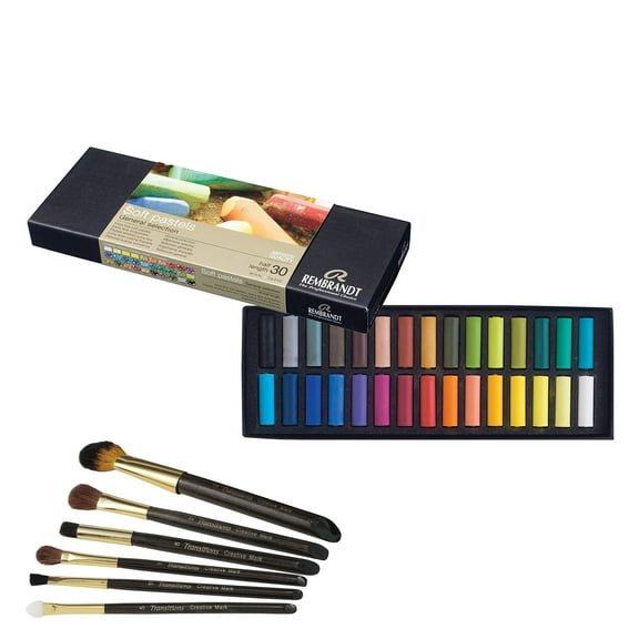 Rembrandt Royal Talens Soft Pastels Art Set 30 Half Sticks with 6 pc Petite Transitions Blending Brushes - Assorted Colors