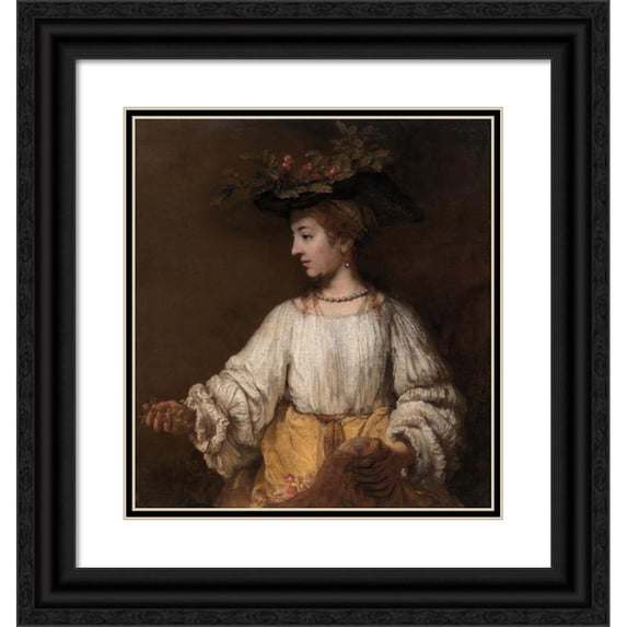 Rembrandt van Rijn 12x13 Black Ornate Wood Framed Double Matted Museum Art Print Titled: Flora (ca. 1654)