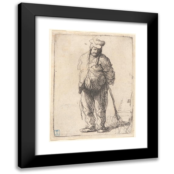 Rembrandt van Rijn 12x14 Black Modern Framed Museum Art Print Titled - Ragged Peasant with His Hands Behind Him, Holding a Stick (1630)
