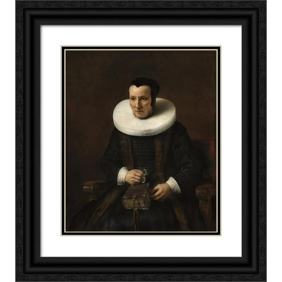 Rembrandt van Rijn 12x14 Black Ornate Wood Framed Double Matted Museum Art Print Titled: An Old Lady with a Book (1637)