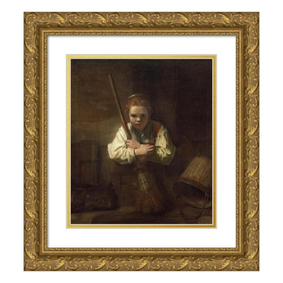 Rembrandt van Rijn 12x14 Gold Ornate Wood Frame and Double Matted Museum Art Print Titled - A Girl with a Broom (1646-1651)