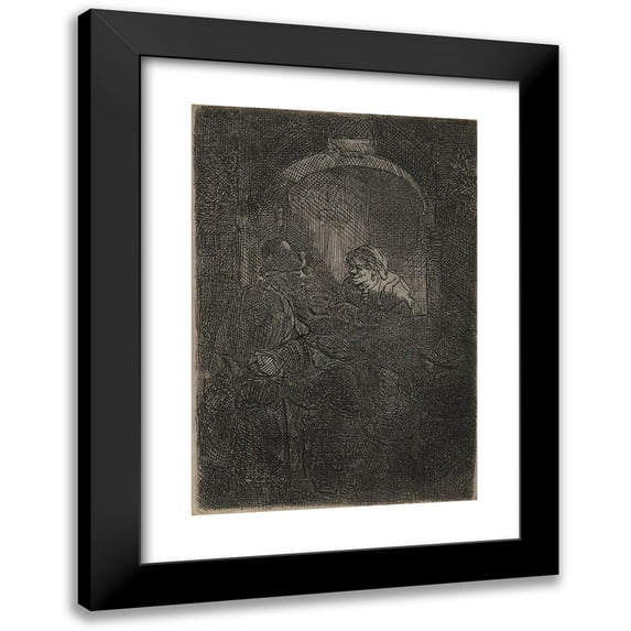 Rembrandt van Rijn 13x18 Black Modern Framed Museum Art Print Titled - Woman at a Hatch Door Talking to a Man and Children (The Schoolmaster) (1641)