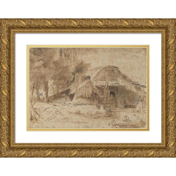Rembrandt van Rijn 14x11 Gold Ornate Wood Frame and Double Matted Museum Art Print Titled - Cottage Near the Entrance to a Wood (1644)