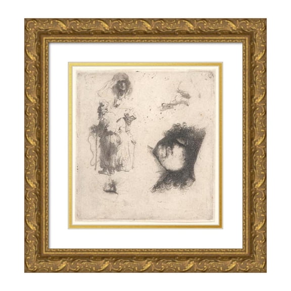 Rembrandt van Rijn 15x16 Gold Ornate Wood Frame and Double Matted Museum Art Print Titled - Sheet of Studies; Head of the Artist, a Beggar Couple, Heads of an Old Man and Old Woman (1632)