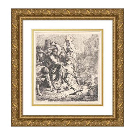 Rembrandt van Rijn 15x16 Gold Ornate Wood Frame and Double Matted Museum Art Print Titled - The Stoning of St. Stephen (1635)