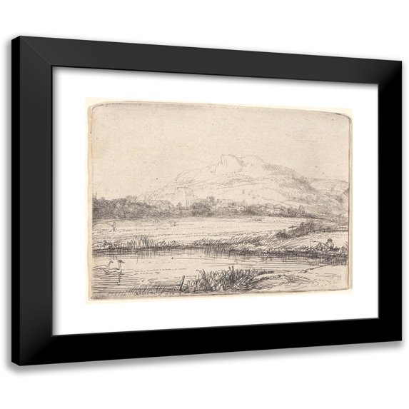 Rembrandt van Rijn 18x15 Black Modern Framed Museum Art Print Titled - Canal with an Angler and Two Swans (1650)