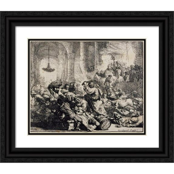 Rembrandt van Rijn 18x15 Black Ornate Wood Framed Double Matted Museum Art Print Titled - Christ Driving the Moneychangers from the Temple (1635)