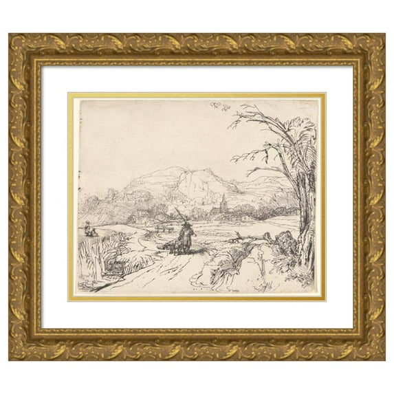 Rembrandt van Rijn 18x15 Gold Ornate Wood Frame and Double Matted Museum Art Print Titled - Landscape with a Sportsman and Dog (ca. 1653)