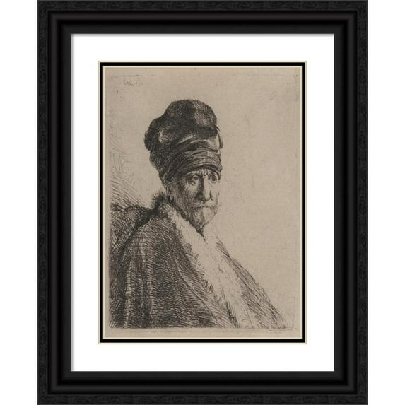 Rembrandt van Rijn 18x24 Black Ornate Framed Double Matted Museum Art Print Titled: Bust of a Man Wearing a High Cap, the Artist's Father (1630)