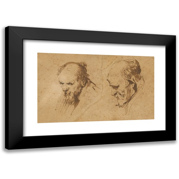 Rembrandt van Rijn 24x16 Black Modern Framed Museum Art Print Titled - Two Studies of the Head of an Old Man (1626)