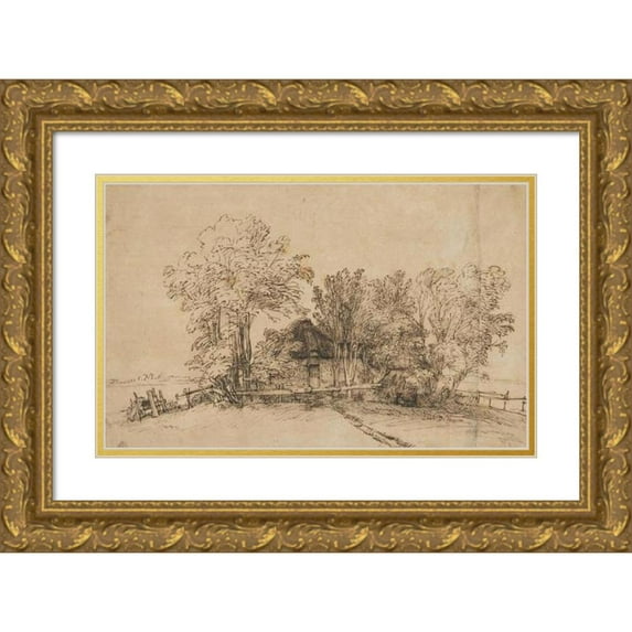 Rembrandt van Rijn 24x16 Gold Ornate Framed and Double Matted Museum Art Print Titled - Cottage Among Trees (ca. 1650)