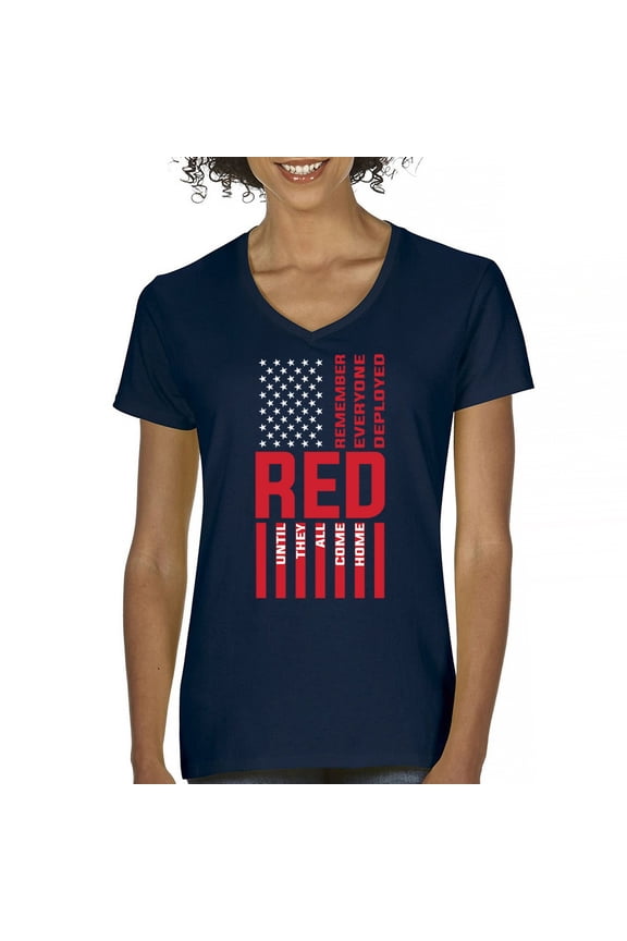 Remember Everyone Deployed Women's V-Neck T-shirt Until They All Come Home RED Friday Military US Flag American Patriot Tee