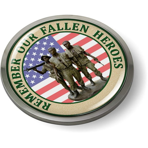 Remember Our Fallen Heroes - The Three Soldiers, Vietnam Veteran Memorial Statue (Three servicemen Statue) 3D Domed CAR Emblem Badge Sticker Chrome Metal Round Bezel