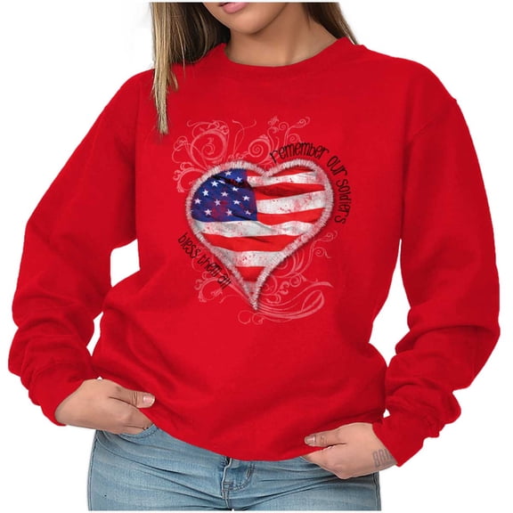 Remember Our Soldiers USA Flag Heart Women Crewneck Sweatshirt Brisco Brands S