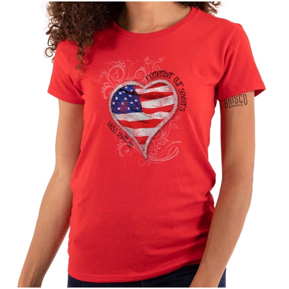 Remember Our Soldiers USA Flag Heart Womens Slim Fit Graphic Tee Brisco Brands X