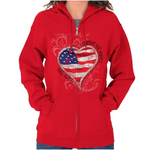 Remember Our Soldiers USA Flag Heart Zip Hoodie Sweatshirt Women Brisco Brands X