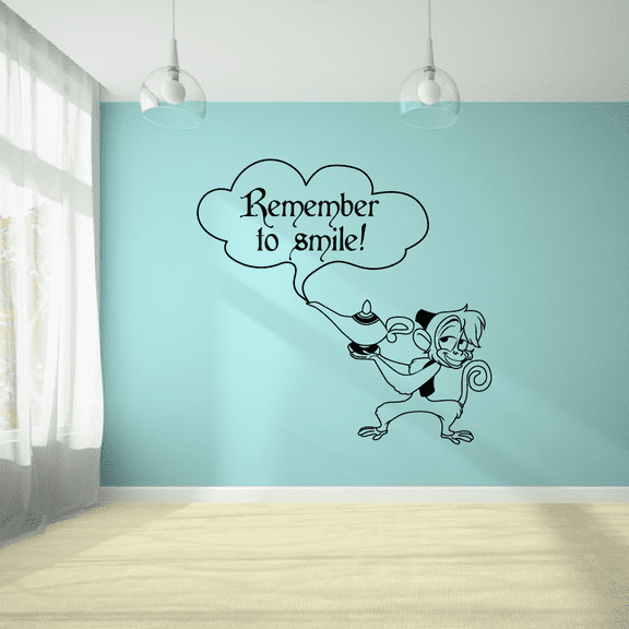 Remember To Smile - Happy Quote Cute Aladdin Pet Monkey Abu the Capuchin Monkey Vinyl Wall Art Sticker Wall Decal Home Kids Room Study Room Boys Wall Décoration Design Décor Size (30x22 inch)