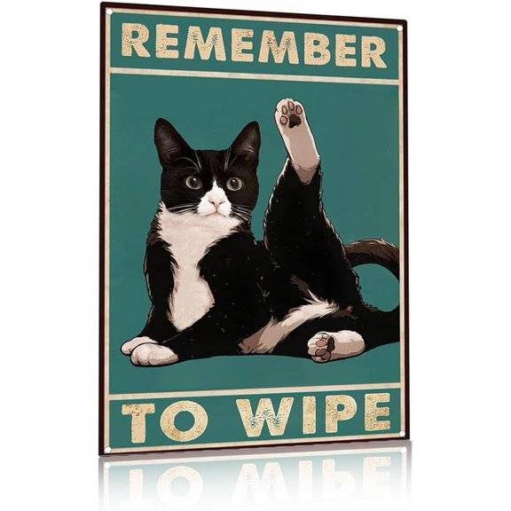 Remember To Wipe Cat Sign - Funny Tuxedo Cat Bathroom Decor, 8x12 Inch (20x30cm) Vintage Humorous Toilet Wall Art for Cat Lovers, Metal Plaque Indoor Pet Themed Decor