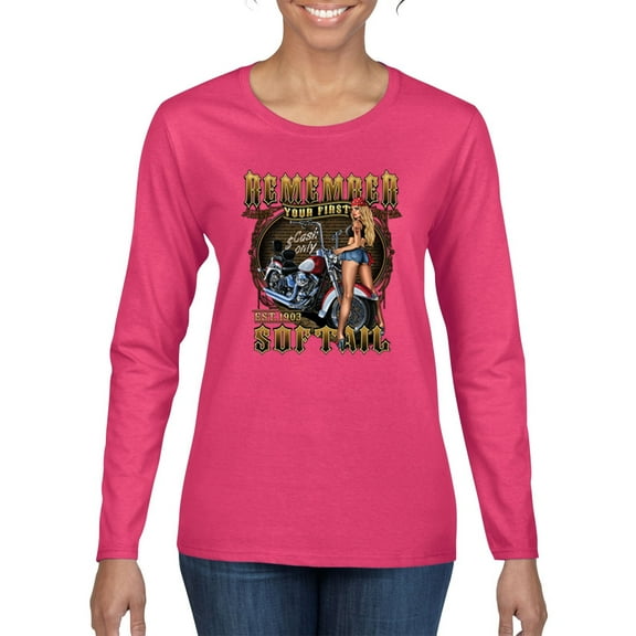 Remember Your First Soft Tail Bike Hot Babe Cars and Trucks Womens Graphic Long Sleeve T-Shirt, Fuschia, 2XL