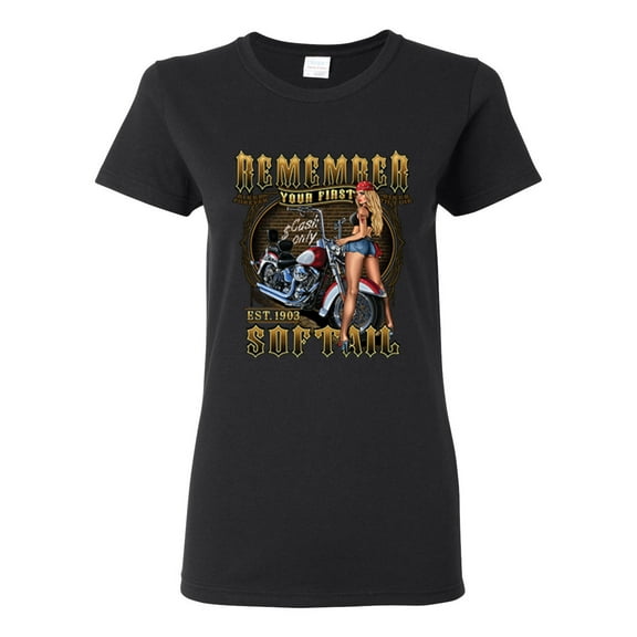 Remember Your First Soft Tail Bike Hot Babe Cars and Trucks Womens Graphic T-Shirt, Black, Medium