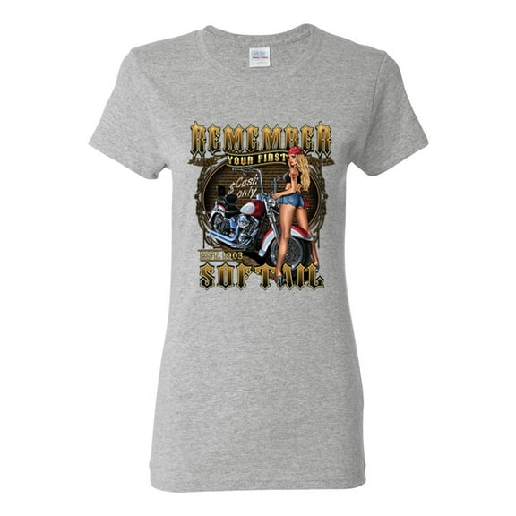 Remember Your First Soft Tail Bike Hot Babe Cars and Trucks Womens Graphic T-Shirt, Heather Grey, 2XL