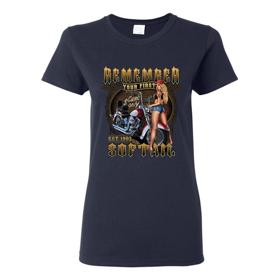 Remember Your First Soft Tail Bike Hot Babe Cars and Trucks Womens Graphic T-Shirt, Navy, 2XL