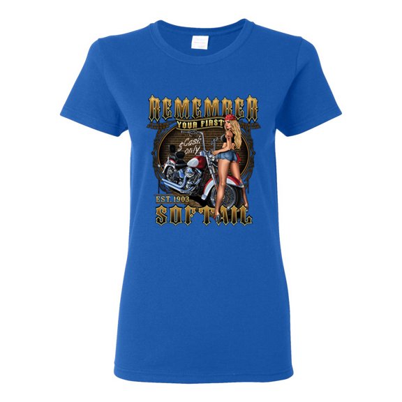 Remember Your First Soft Tail Bike Hot Babe Cars and Trucks Womens Graphic T-Shirt, Royal, 2XL
