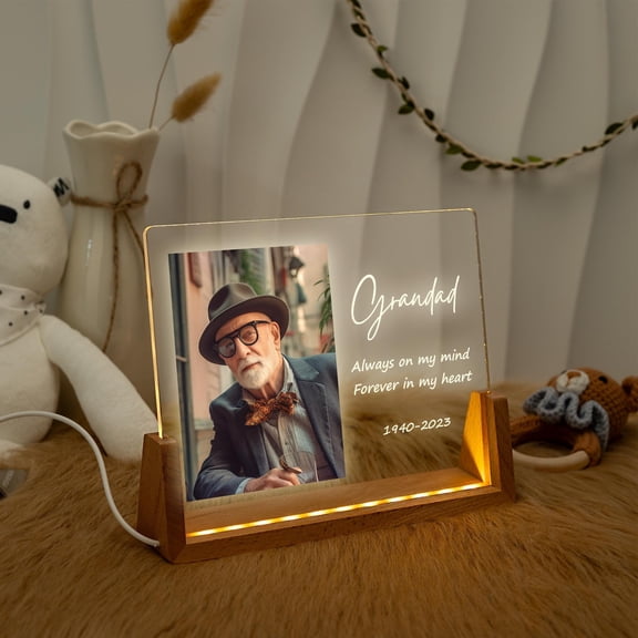 Remembrance Photo Memorial Custom Night Light Acrylic Plaque Wooden Base Condolence Gift Home Bedside Lamp