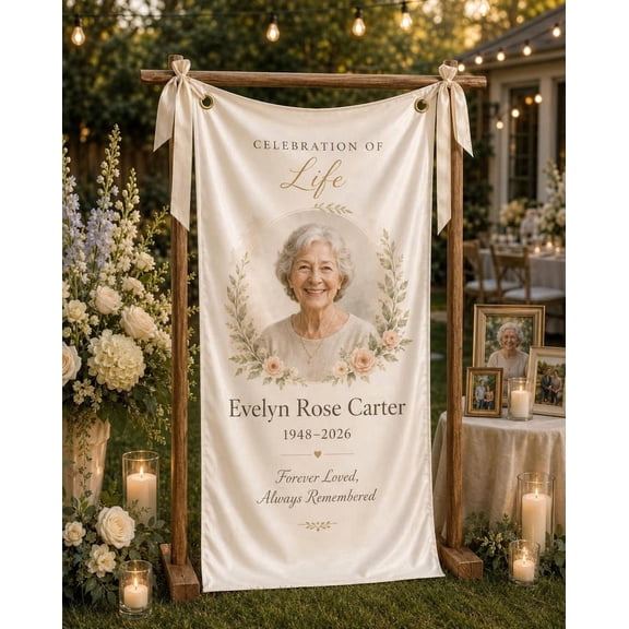 Remembrance Photo Satin Banner, Personalized Celebration Of Life Sign, Custom Memorial Backdrop