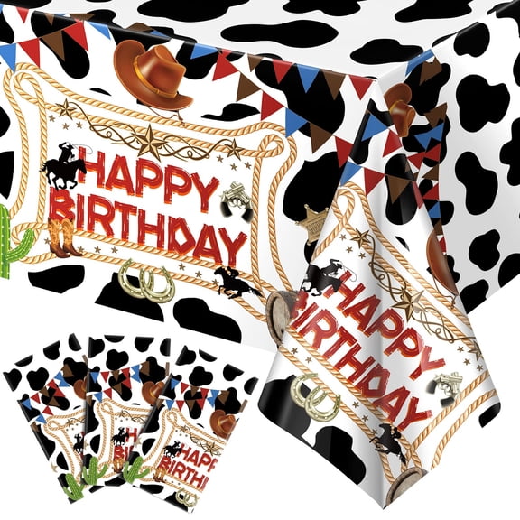 Remerry 3 Pcs Western Cowboy Birthday Party Decorations Tablecloth, 54 x 108 Inch Disposable Happy Birthday Table Cover Plastic Cow Printed Table Cloths for Western Rodeo Cowboy Themed Party Supplies