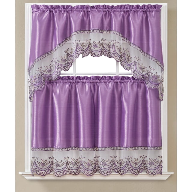 Remi 3-Piece Sequins Embroidery Kitchen Curtain Set with Swag Valance ...