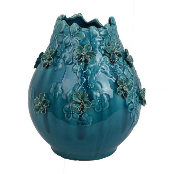 Remi Flower Vase, Decorative Aqua Blue Ceramic w Floral Motifs 11 Inch