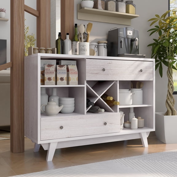 Remi Multi-Storage Wood White Oak Buffet with Bottle Rack