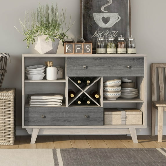 Remi Multi-Storage Wood White Oak and Distressed Gray Buffet with Bottle Rack