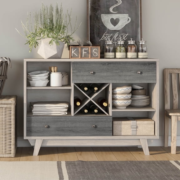 Remi Multi-Storage Wood White Oak and Distressed Gray Buffet with Bottle Rack