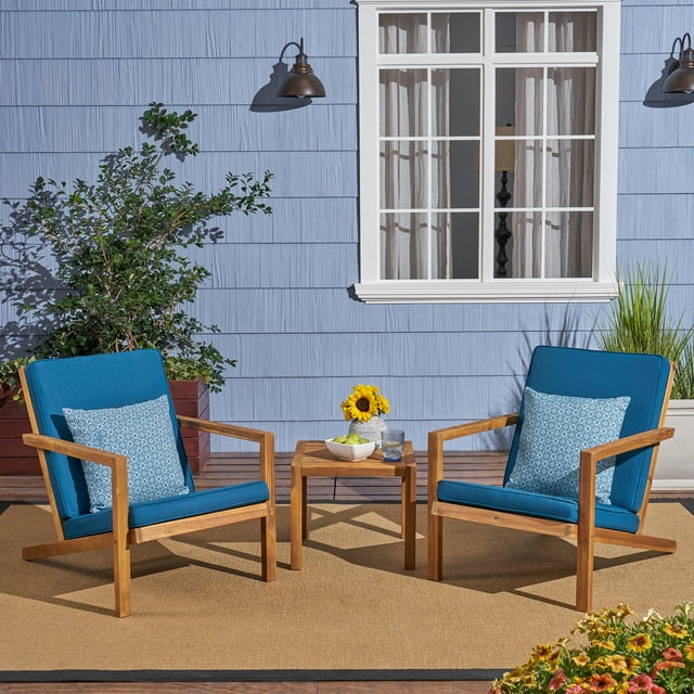 Remi Outdoor 3 Piece Acacia Wood Chat Set with Cushions, Brown Patina, Dark Teal