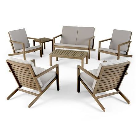 Remi Outdoor 6 Seater Acacia Wood Extended Chat Set, Gray