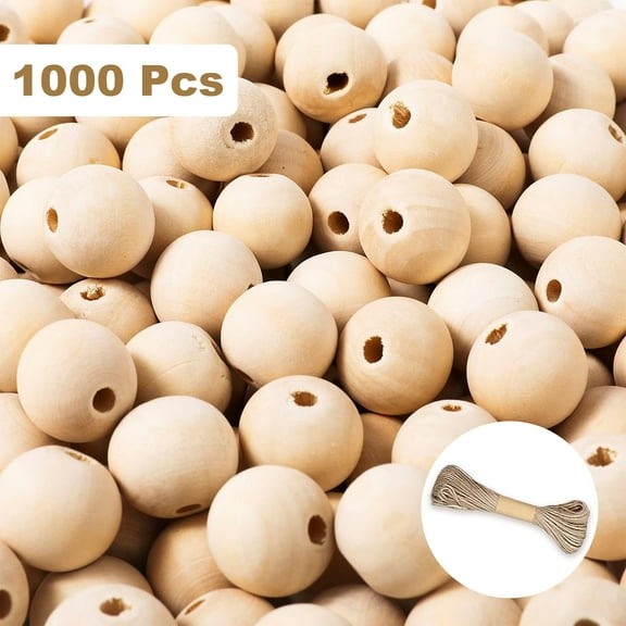 Remiawy 1000 PCS 10MM Wooden Beads for Crafts with Jute Twine, Natural Unfinished Round Loose Wood Beads in Bulk, Spacer Beads for DIY Garland, Macrame & Farmhouse Decor