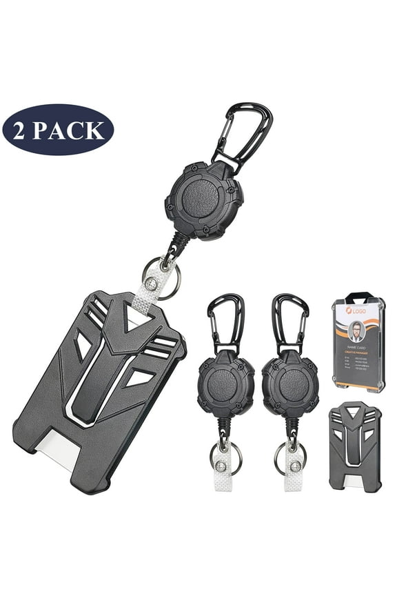 2 pack Retractable Keychain, Heavy Duty Carabiner Badge Holder Retractable Clip, Tactical ID Badge Reel with 26 inch Steel Retractable Cord, Black