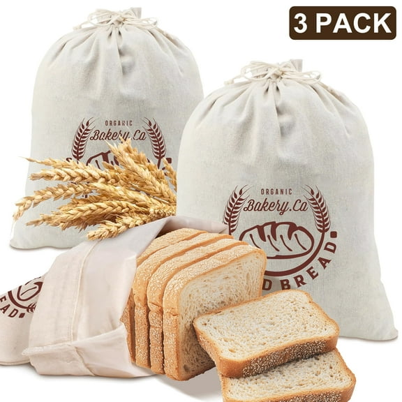 Remiawy 3 Pack Reusable Bread Bag, Natural Cotton Bread Bags for Homemade Bread with Plastic Lining, Drawstring Reusable Sourdough Bread Bags to Keep Fresh, 13.6 x 17.9 Large Sourdough