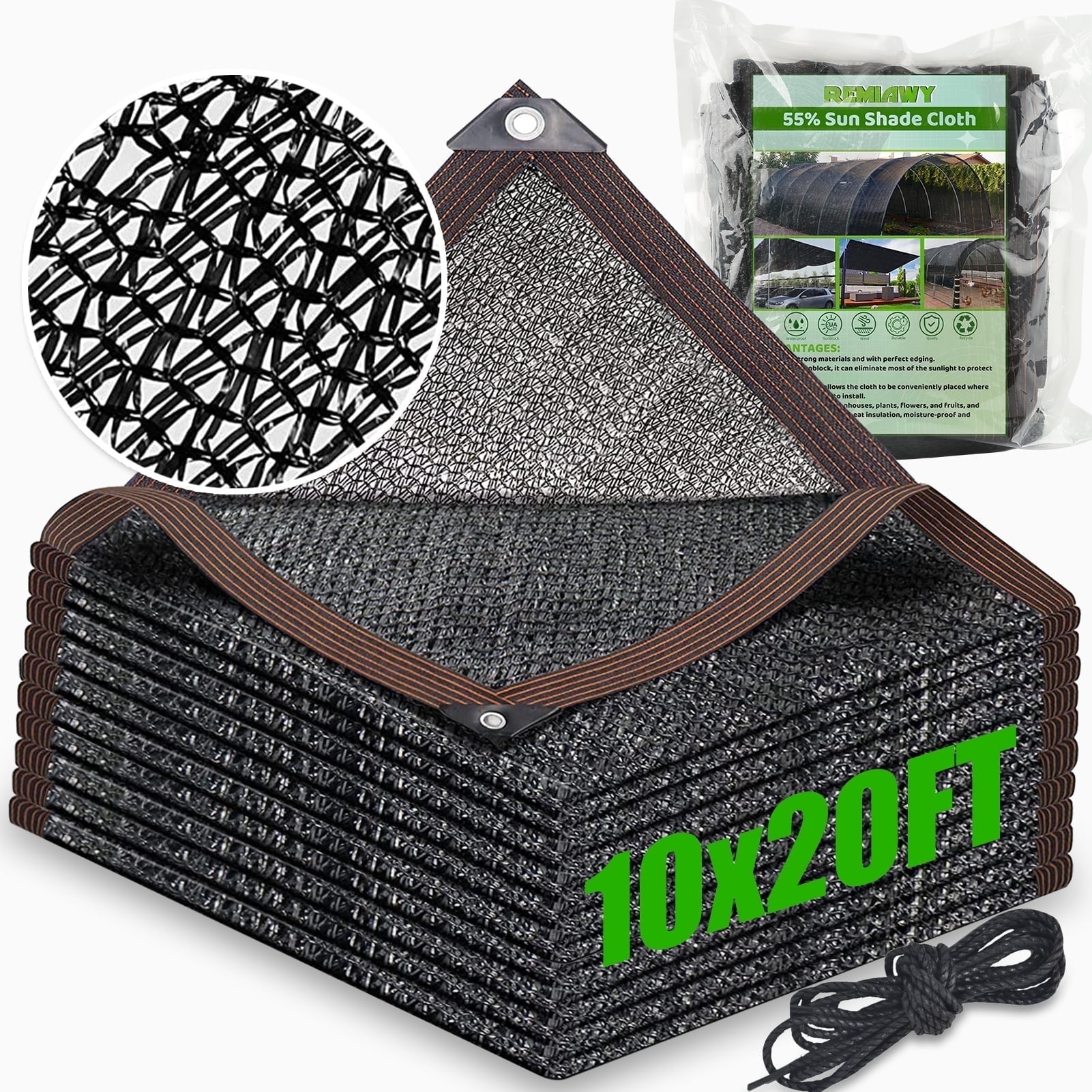 Remiawy Garden 55% Shade Cloth, 10 x 20ft Shade Cloth for Greenhouse Plants Outdoor, Sun Shade Cover Sunblock Net Black Mesh Tarp Fabric with Grommets for Patio Pergola Canopy Chicken Coop