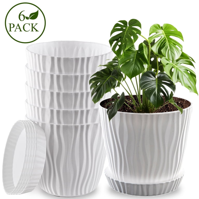 4 Inch Small Plastic Nursery Pots 5 Pack - White Water Ripple Plant Pots With Drainage Holes And Saucers For Succulents & Seedlings