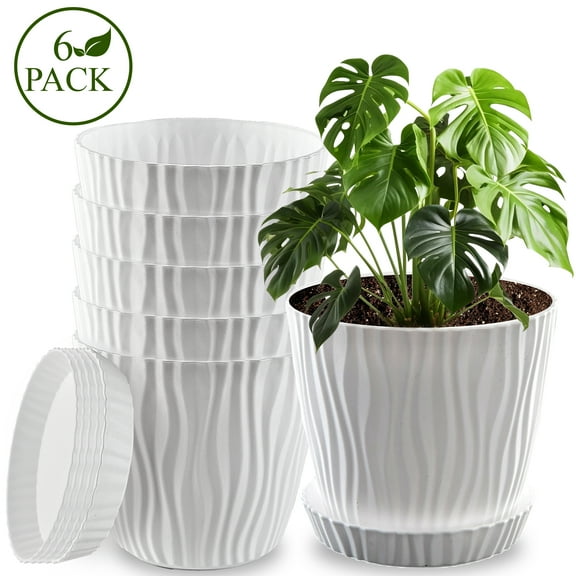 Remiawy 5.5 Inch Plant Pots, 6 Pack Flower Pots with Drainage Holes and Saucers, Thickened Plastic Planters for Indoor Outdoor Garden Plants, White