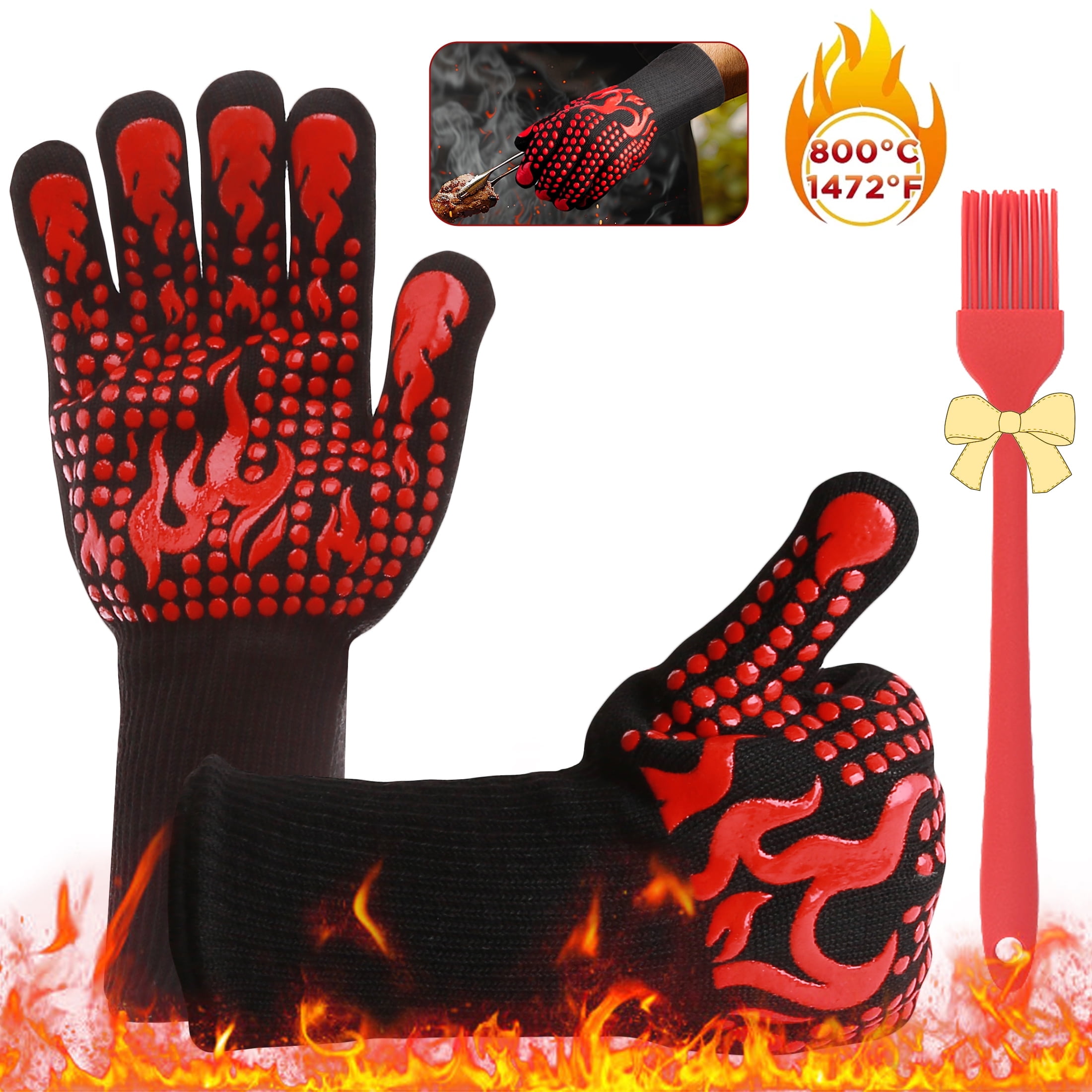 Remiawy BBQ Gloves, 1472F Heat Resistant Grill Gloves, Non-Slip Silicone Oven Mitts Gloves Fireproof Grilling Gloves for Kitchen, Smoking, Barbecue, Cooking, Baking, Frying