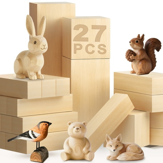 Remiawy Basswood Carving Blocks, 27 PCS Whittling Wood Carving Kit for Crafts with 3 Different Sizes and Pattern Sticker, Soft Unfinished Wooden Blocks for Beginners