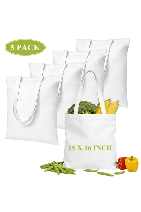 Canvas Tote Bags 5 Pack, 15x16 Inch Sublimation Blank Tote Bags, Reusable Cotton Shopping Canvas Bag