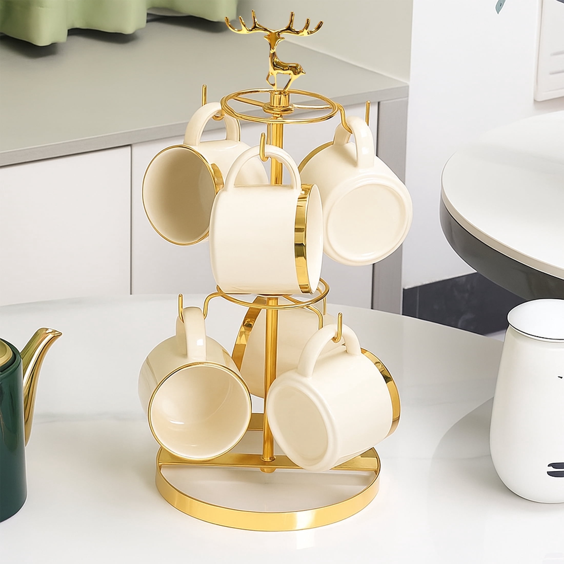 Mug Rack Table Remiawy Coffee Mug Holder with 6 Hooks for Counter, Double Tier Metal ...